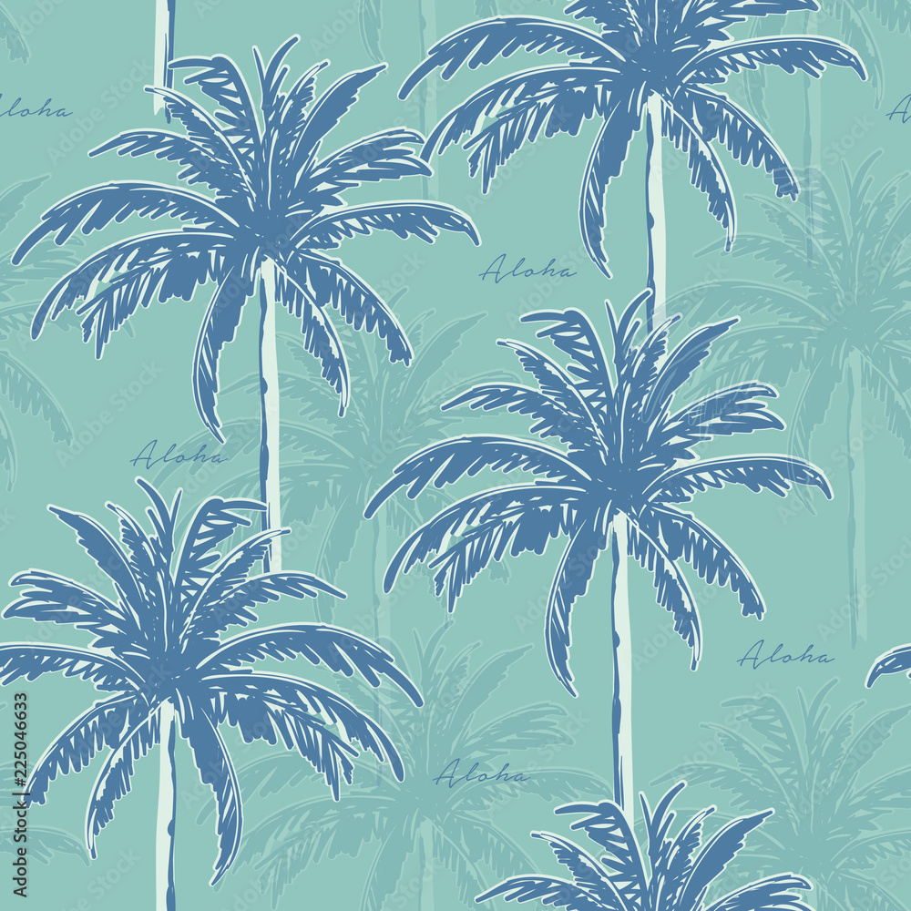 Navy blue Hand drawing  palm trees on thelight blue blue background. Vector seamless pattern. Tropical illustration. Jungle foliage.