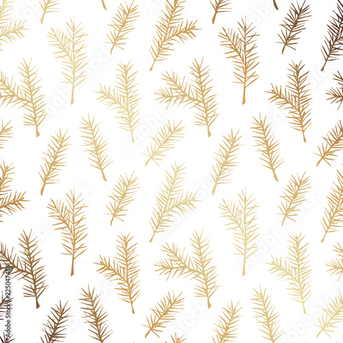 Rustic Hand Drawn Gold Fir Tree Vector Seamless Pattern. Christmas Golden Foliage Line Drawing Background