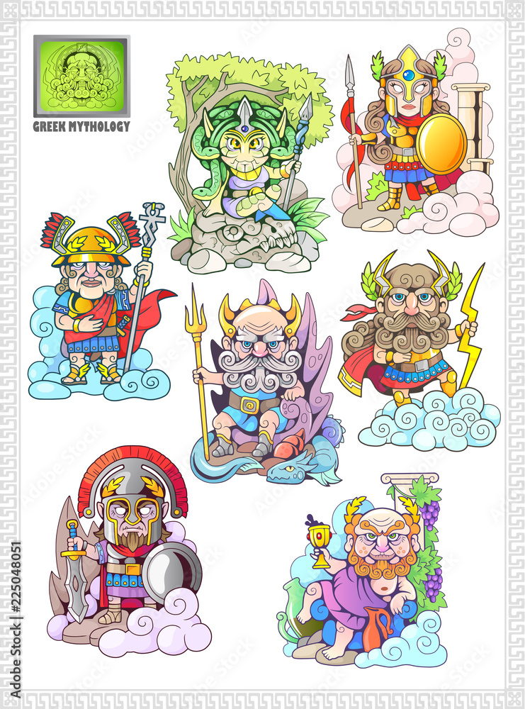 cartoon, ancient greek gods, set of funny vector illustrations cartoon, ancient greek gods, set of funny vector illustrations