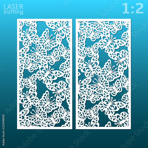 Laser cut panel templates with butterfly pattern. May be use for die cutting. Lazer cut card. Template for wedding invitation. Cabinet fretwork screen. Lasercut metal panel. Wood carving.