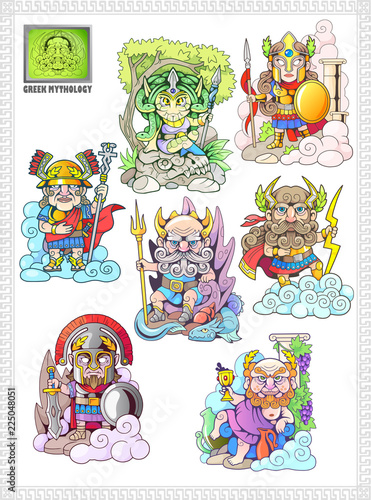 cartoon, ancient greek gods, set of funny vector illustrations