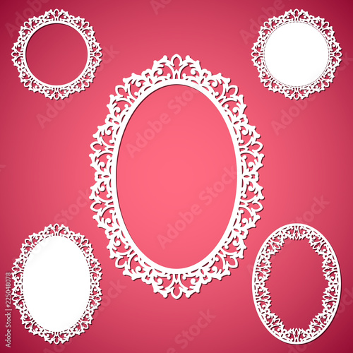Laser cut vector abstract oval and circular frames with swirls, vector ornament, vintage frame. May be used for laser cutting. Photo frames with lace for paper cutting.