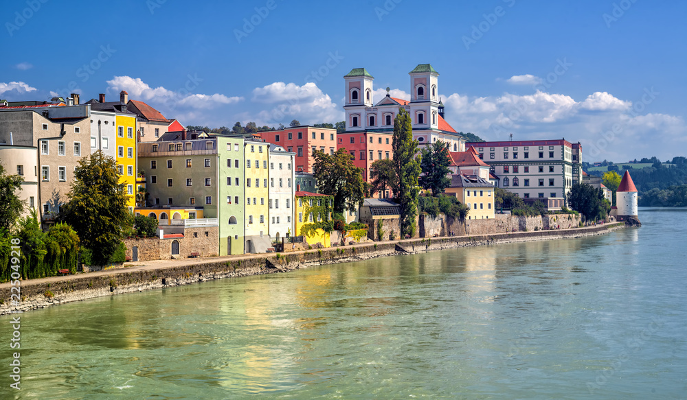 Colorful traditional houses on Inn river in historical old town Passau, Germany