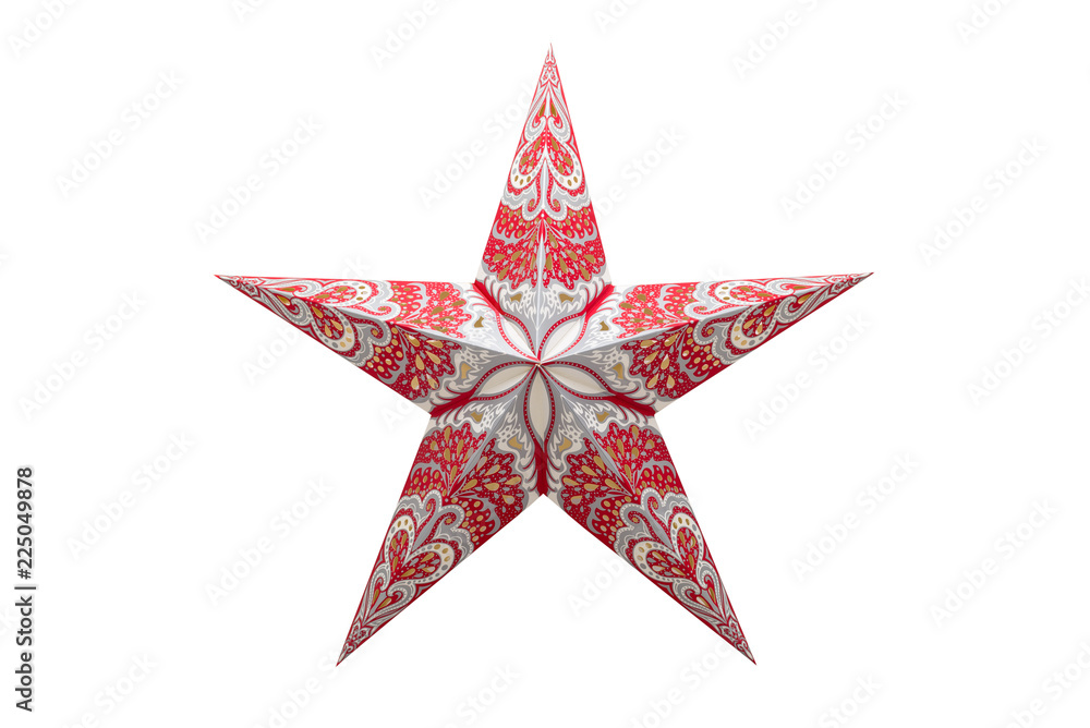 Obraz premium Christmas ornament, red-white five-pointed star. Isolated on a white background with a clipping path.