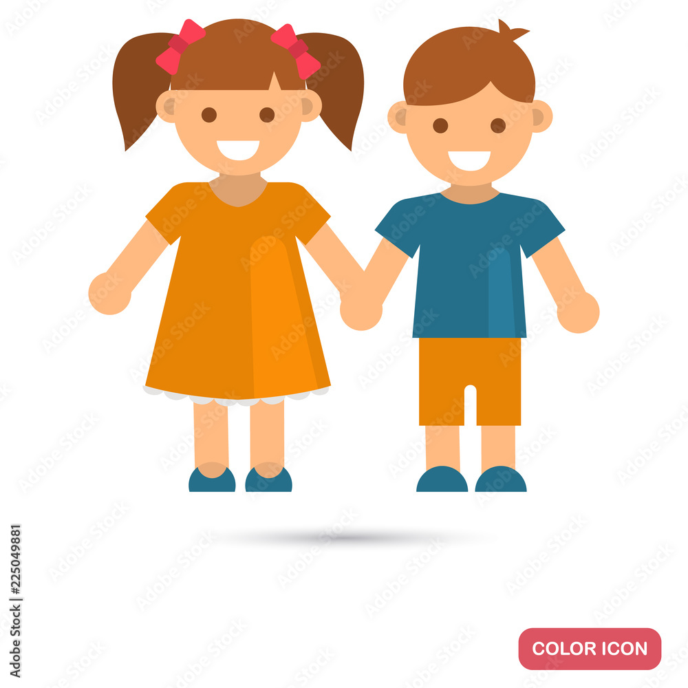 Happy small girl and boy color icon in flat design