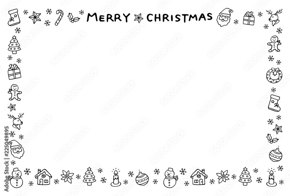 クリスマスのフレーム　手描き　白黒