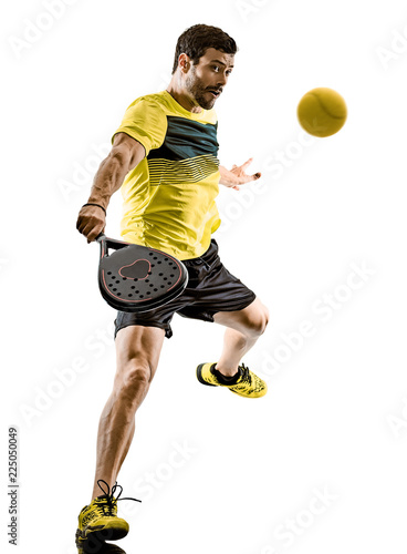 one caucasian man playing Padel tennis player isolated on white background
