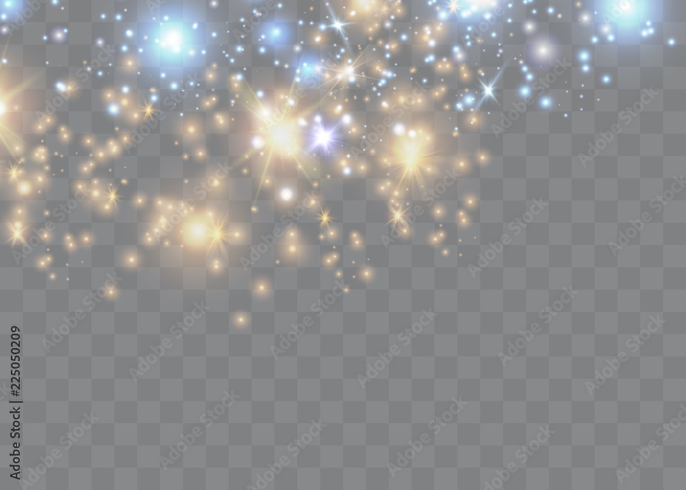 The dust is yellow. yellow sparks and golden stars shine with special light. Vector sparkles on a transparent background. Christmas light effect. Sparkling magical dust particles.