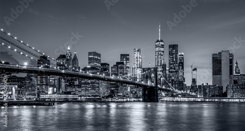 Panorama new york city at night  in monochrome blue tonality