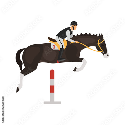 Jockey on race horse makes jump over the barrier color vector icon. Flat design