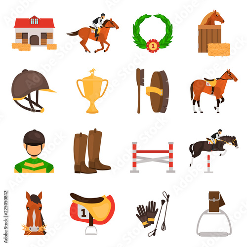Horse Racing color vector icons set. Flat design