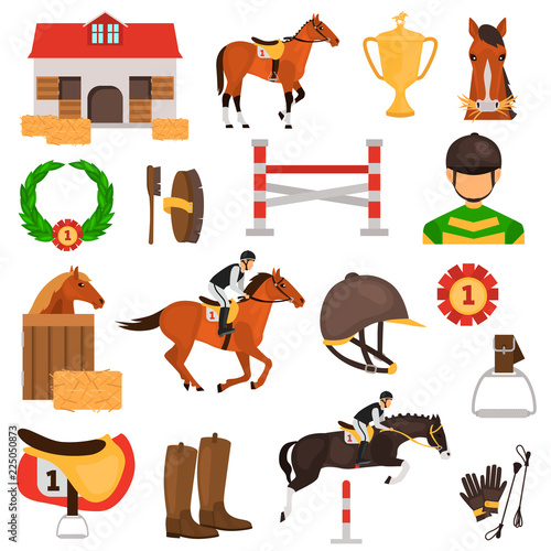 Horse Racing color vector icons set. Flat design