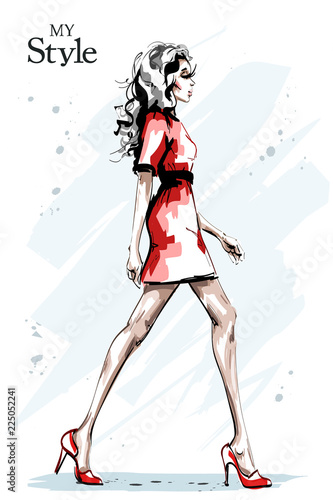 Hand drawn beautiful young woman with long hair. Stylish elegant girl in red dress. Fashion woman full body portrait. Sketch.