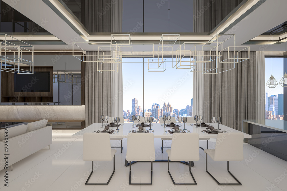 Modern dining room with cityscape , 3d rendering