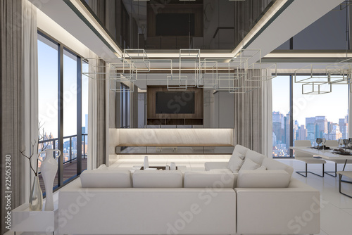 Sofa set is placed in living room with cityscape, 3d rendering © Worawuth