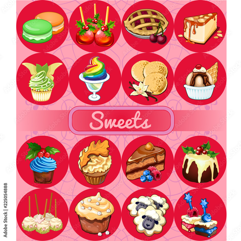 A set of delicious desserts and festive food. Sketch for holiday stickers, cards or party invitation. Cake pops, macaron, cherry pie, cheesecake, cupcake, muffin. Vector cartoon close-up illustration. A set of delicious desserts and festive food. Sketch for holiday stickers, cards or party invitation. Cake pops, macaron, cherry pie, cheesecake, cupcake, muffin. Vector cartoon close-up illustration.