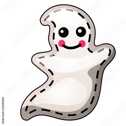 Funny flying Ghost with contours in the form of strokes and dotted lines isolated on white background. Idea for a sticker or sew-on patches in style of Halloween. Vector cartoon close-up illustration