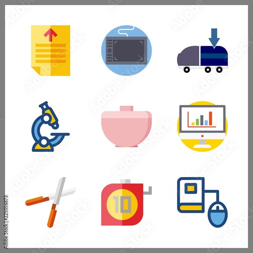 9 work icon. Vector illustration work set. microscope and statistics icons for work works