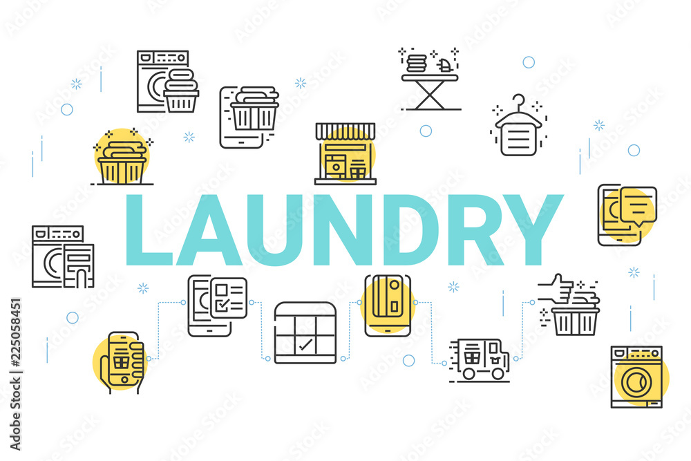 Fototapeta premium Laundry concept background, Thin line icons set for wallpaper and background.