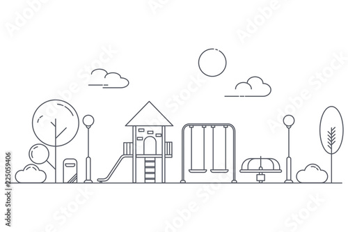 Play ground for children on garden park playground. Landscape of urban park. Thin line art style.