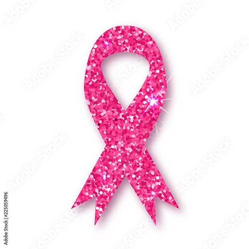 Pink ribbon. Pink glitter ribbon symbol of breast cancer awareness on white background. Element with shadow