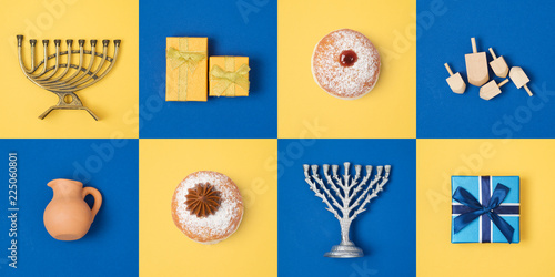 Jewish holiday Hanukkah banner design with menorah, gift box, dreidel and sufganiyot