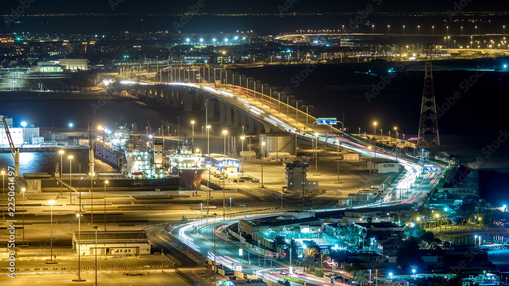 New Sheikh Khalifa Bridge in Abu Dhabi night timelapse, United Arab Emirates