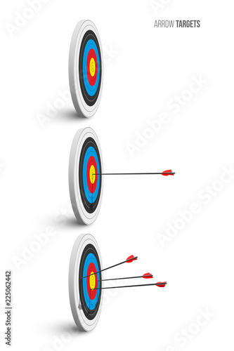 Archery target set. Archery targets with red arrows isolated on white background. Vector poster or banner template.