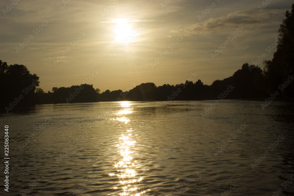 Naklejka premium the mouth of the river at sunset with trees near the coast of France