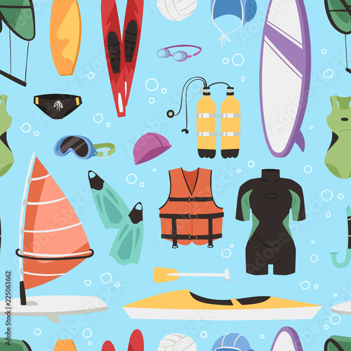 Kite boarding fun ocean extreme water sport canoe surfer sailing leisure ocean activity summer recreation extreme vector seamless pattern background