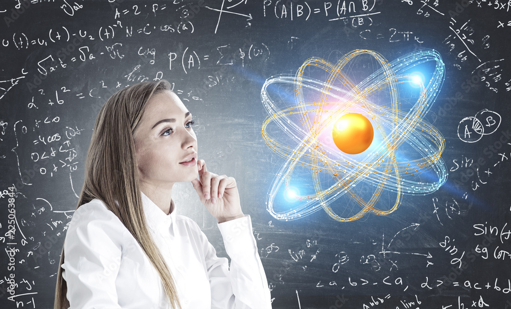 Inspired woman thinking, atom physics science Inspired woman thinking, atom physics science