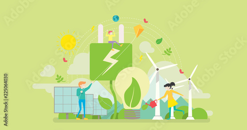 Green Energy Tiny People Character Concept Vector Illustration, Suitable For Wallpaper, Banner, Background, Card, Book Illustration, Web Landing Page, and Other Related Creative