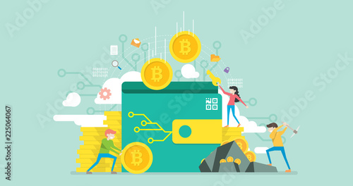 Bitcoin Wallet Tiny People Character Concept Vector Illustration, Suitable For Wallpaper, Banner, Background, Card, Book Illustration, Web Landing Page, and Other Related Creative