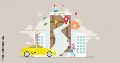 Online Taxi Tiny People Character Concept Vector Illustration, Suitable For Wallpaper, Banner, Background, Card, Book Illustration, Web Landing Page, and Other Related Creative