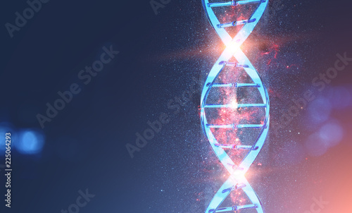 Dna helix with small particles over blue