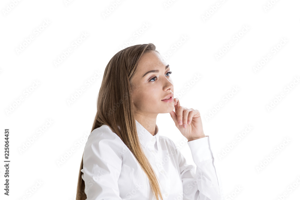 Inspired businesswoman thinking, isolated Inspired businesswoman thinking, isolated