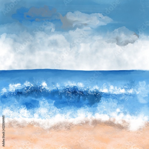 Rough sea illustration with beach 