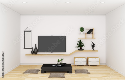 TV in modern white empty room interior minimal designs - Japanese style. 3d rendering