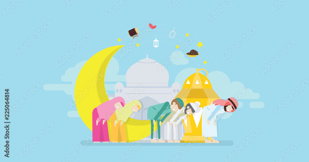 Holy Eid And Ramadan Muslim Prayer Tiny People Character Concept Vector Illustration, Suitable For Wallpaper, Banner, Background, Card, Book Illustration, Web Landing Page, and Other Related Creative