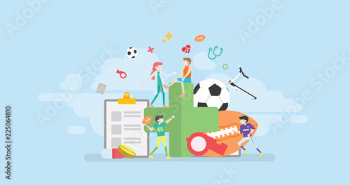 Sport Medicine Doctor Tiny People Character Concept Vector Illustration, Suitable For Wallpaper, Banner, Background, Card, Book Illustration, Web Landing Page, and Other Related Creative