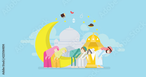 Holy Eid And Ramadan Muslim Prayer Tiny People Character Concept Vector Illustration  Suitable For Wallpaper  Banner  Background  Card  Book Illustration  Web Landing Page  and Other Related Creative