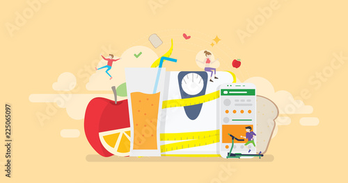 Healthy Balanced Diet Program Monitoring Mobile App Tiny People Character Concept Vector Illustration, Suitable For Wallpaper, Banner, Background, Card, Book Illustration, And Web Landing Page Concept