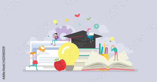 Online Distance Learning Education Tiny People Character Concept Vector Illustration, Suitable For Wallpaper, Banner, Background, Card, Book Illustration, And Web Landing Page