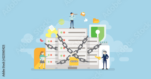 Data Center And Server Security Protection Tiny People Character Concept Vector Illustration, Suitable For Wallpaper, Banner, Background, Card, Book Illustration, And Web Landing Page