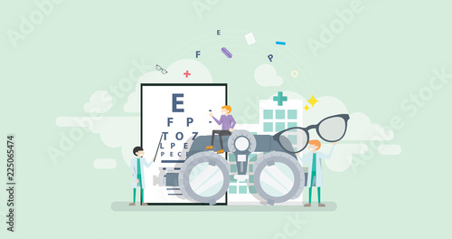Medical Ophthalmologist Eyesight Check Up Tiny People Character Concept Vector Illustration, Suitable For Wallpaper, Banner, Background, Card, Book Illustration, And Web Landing Page