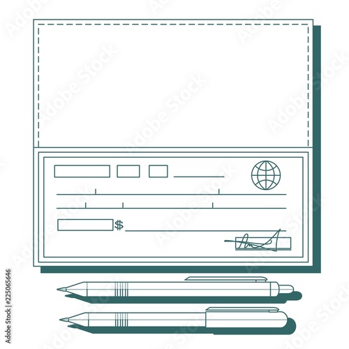 Cheque book on white background. Bank check with pen. Concept illustration pay, payment, buy. Stock flat vector illustration.