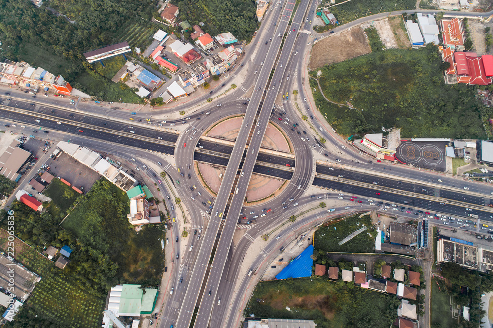 a baffling maze of high-speed expressways encircles the city. , Aerial view interchange of Thailand.