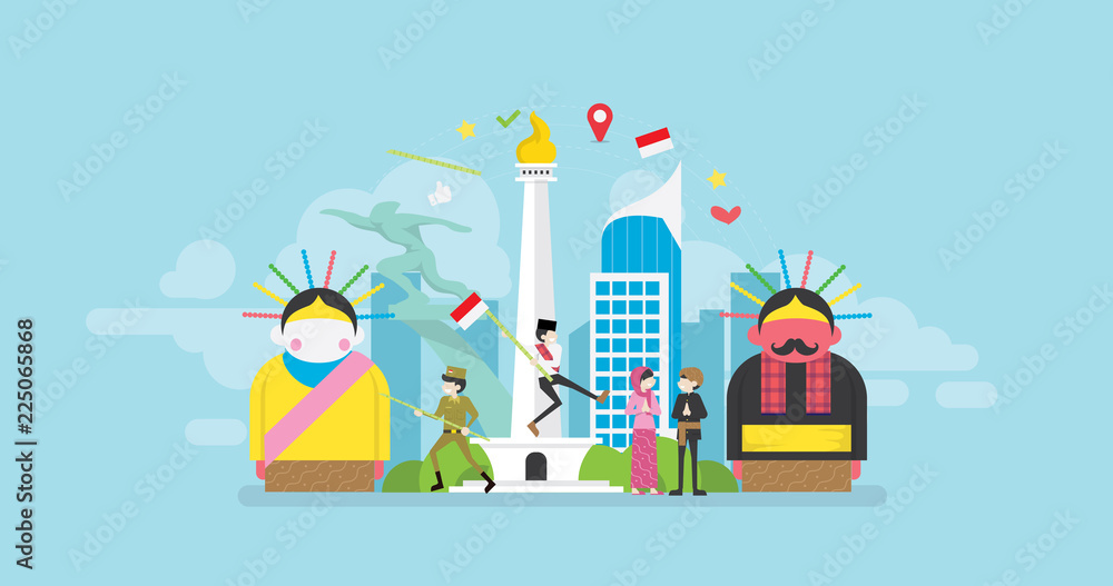 Jakarta Celebrating Indonesia Independence Day Tiny People Character Concept Vector Illustration, Suitable For Wallpaper, Banner, Background, Card, Book Illustration, And Web Landing Page