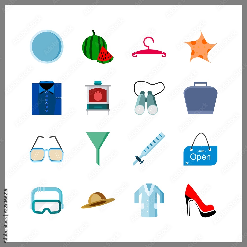 object vector icons set. goggles, shoe, sea star and funnel in this set. object vector icons set. goggles, shoe, sea star and funnel in this set.
