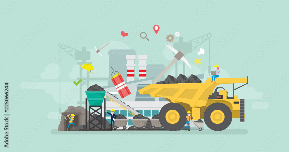 Coal Mining Industry Tiny People Character Concept Vector Illustration, Suitable For Wallpaper, Banner, Background, Card, Book Illustration, And Web Landing Page